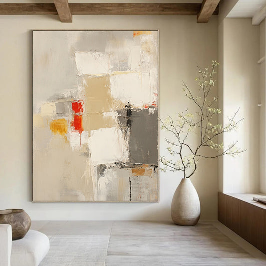Contemporary abstract painting in neutral beige and gray tones with bold strokes and accents of yellow and red for a striking visual impact. DLZ0756