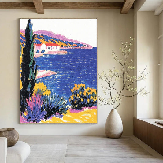 Contemporary hand-painted abstract artwork featuring a beautiful blue sea cypress tree and pastel coastal scenery in a vintage postcard style. DLZ1266