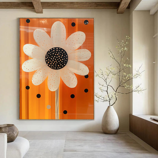 Contemporary abstract art features a white daisy with black dots and a shiny glass-like center on an orange background with polka dot accents. DLZ1512
