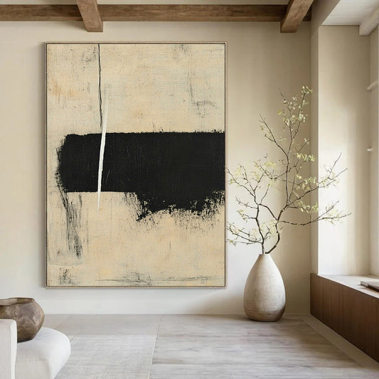 Large contemporary hand-painted abstract art featuring minimalistic shapes and brush strokes in black and beige with ample negative space. DLZ0941