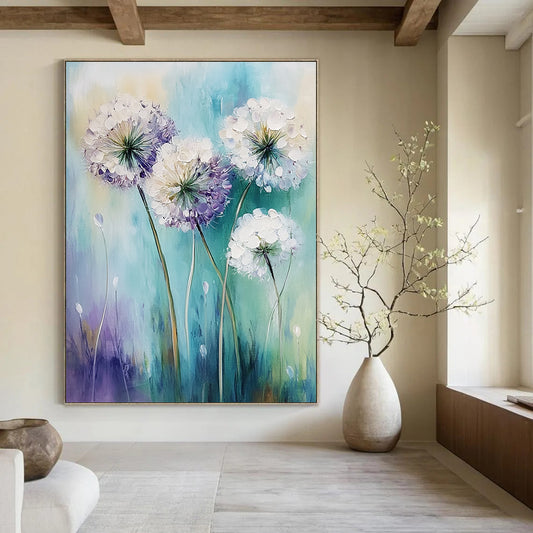 Contemporary abstract art featuring white alliums swaying in the wind with soft pale purple and teal hues in a gentle focus style. DLZ1730
