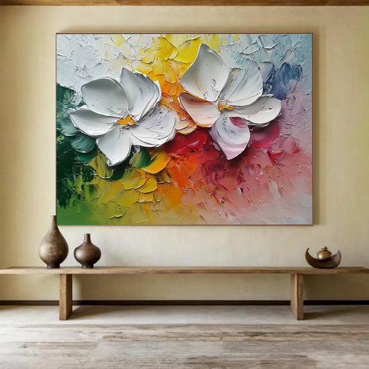 “3D White Flowers on Colorful Background” - White, Yellow, Red, Green, Impasto Floral Painting On Canvas HB1015