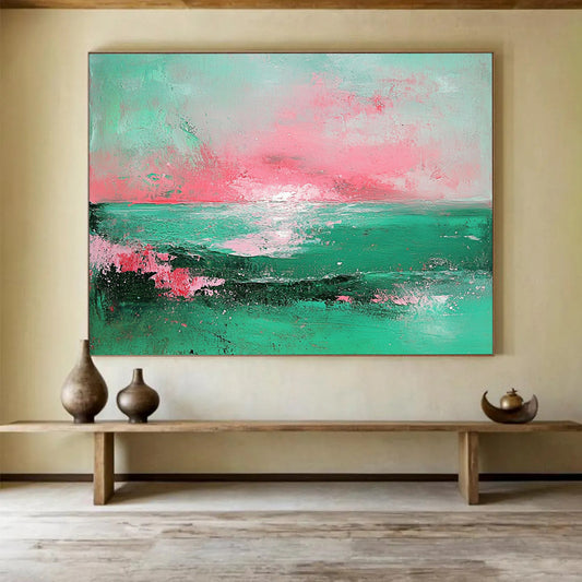 “Pastel Sea Sunset” - Mint, pink, sea scene, Abstract Landscape Painting On Canvas HB0560