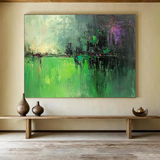 “Green Abstract Landscape” - Green, Purple, Gray, Abstract Landscape Painting On Canvas HB0989