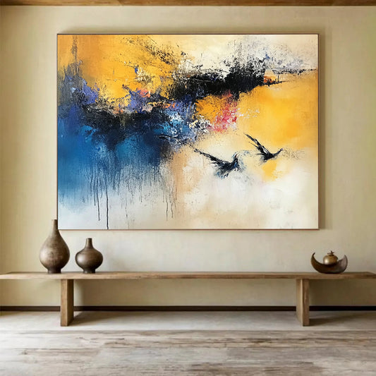 “Yellow Blue Purple Abstract Birds” - Yellow, blue, purple, red, white; Abstract with flying birds HB1293