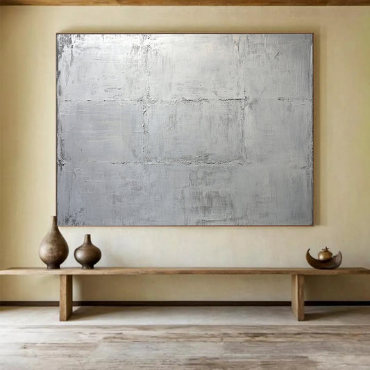 “Minimalist Silver Grid” - Subtle grays, textured grid, Minimalist Textural Painting On Canvas HB0575