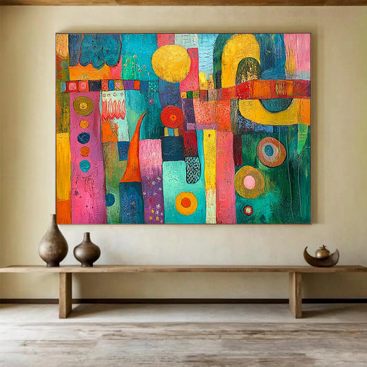 “Vibrant Colorful Mosaic” - Pink, Blue, Yellow, Mixed Patterns - Folk - Inspired Acrylic Painting HB1521