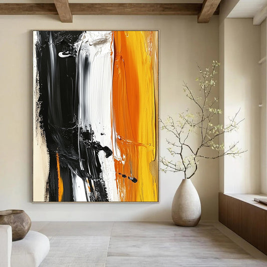 Large contemporary hand-painted abstract artwork featuring striking black white and orange with accents of light yellow on a beige background. DLZ0526