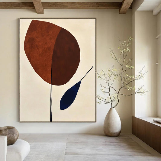 Contemporary abstract painting featuring organic shapes in brown and blue on a minimalist white background, evoking mid-century artistic style. DLZ1309