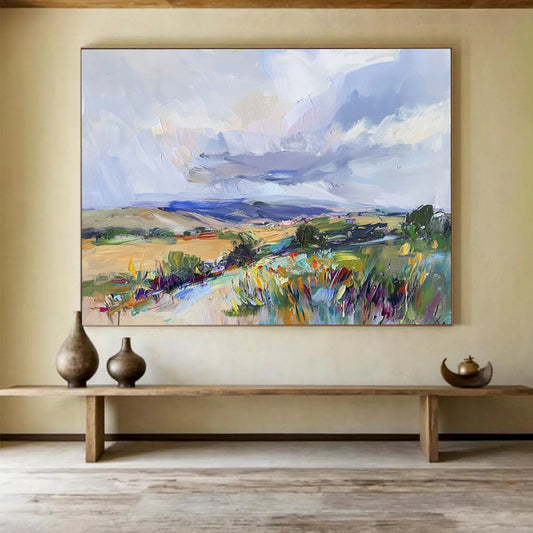“Colorful Countryside Vibe” - Vivid Greens, Yellows, Blues, and Purples, Lively Impressionistic Landscape Painting On Canvas HB0915