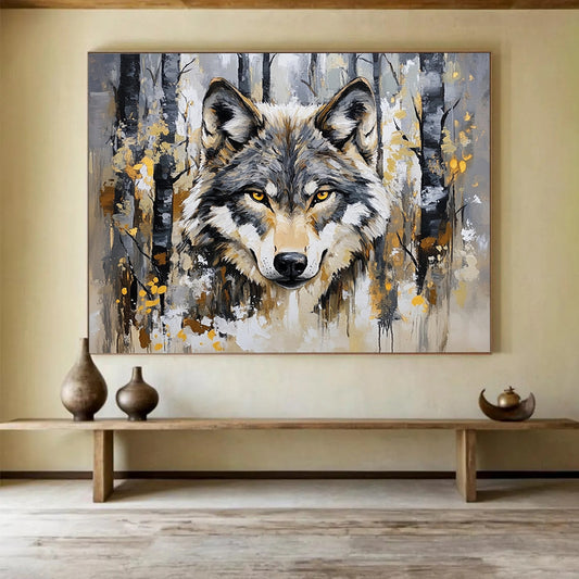 “Wolf in Forest” - Gray, brown, yellow, Realistic Animal Painting HB0636
