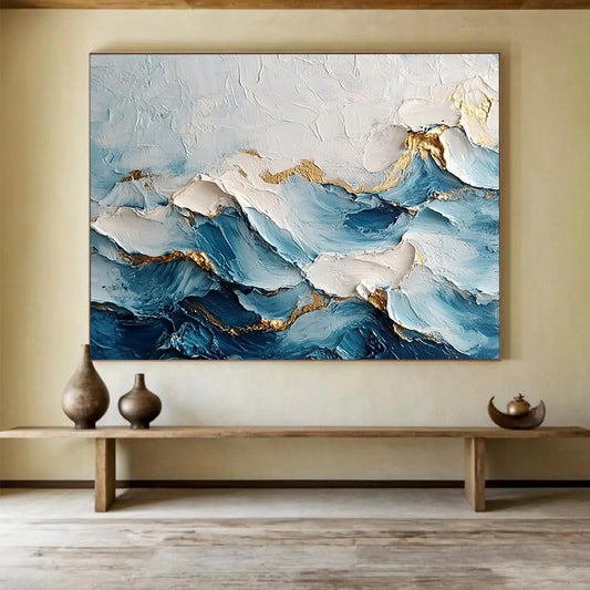 “Golden - Edged Blue Waves” - Blue, White, Gold, Textured Wave - like Abstract Painting On Canvas HB0976