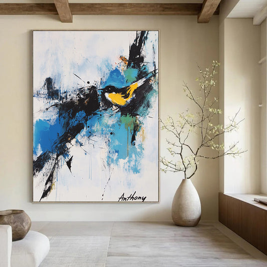 Contemporary hand-painted abstract artwork featuring expressive calligraphy and vibrant splashes of color including a yellow bird against a white background. DLZ0358