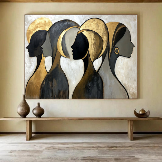“Golden Silhouettes” - Black, Gold, Gray, Abstract Profiles - Stylized Acrylic Painting HB1514