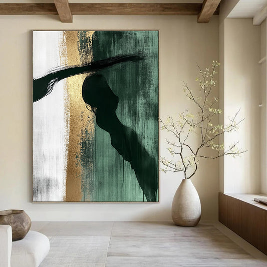 Abstract painting features dark green white gold hues with large brushstrokes a shadowy profile figure evokes calmness and contemplation in a textured watercolor style. DLZ1329