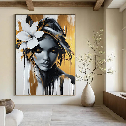 Contemporary abstract artwork featuring an elegant woman with a white flower, gold and black palette, dripping paint effect against a white background. DLZ1404