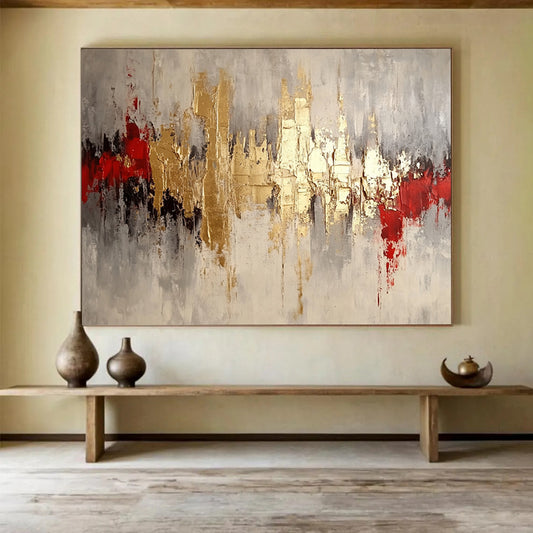 “Gilded Cityscape” - Gold, Gray, Red, Textured Abstract Skyline Painting On Canvas HB1042