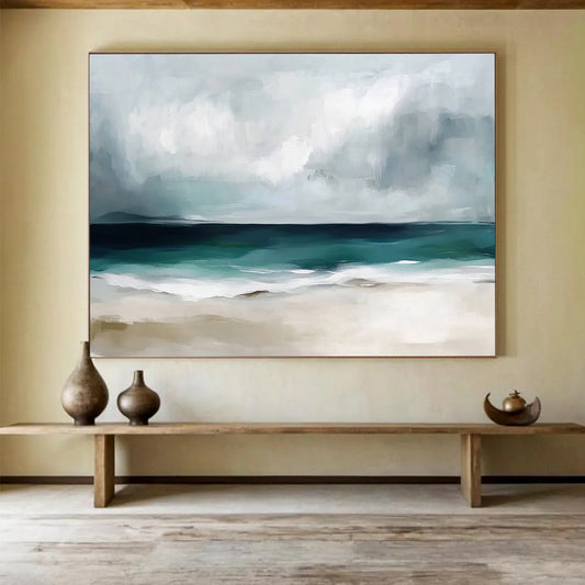 “Stormy Beach Abstract” - Gray, Teal, White, Beige - Abstract Stormy Beach Scene - Acrylic Painting HB1310