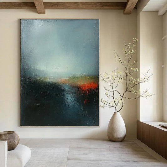 Contemporary abstract artwork featuring deep sky blue and green with red highlights, layered under a dark gray misty sky, inspired by Turner's atmospheric style. DLZ0400