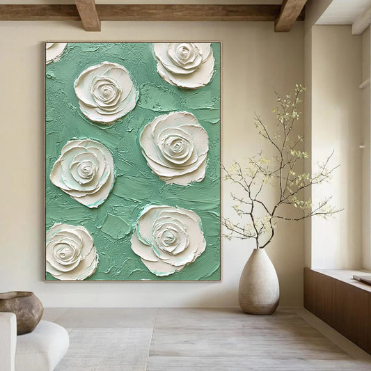 Contemporary abstract art featuring mint green and white rose embossing on a textured impasto background creates a captivating visual experience. DLZ1644