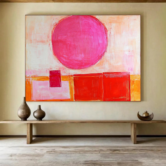 “Pink Sphere & Reds” - Bold pink, warm reds, soft oranges, whites; Geometric sphere and blocks; Modern Abstract Painting On Canvas HB1155