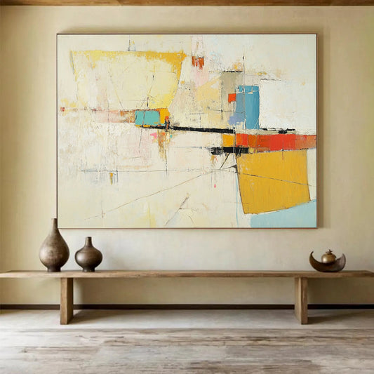 “Soft Color Abstract Composition” - Yellow, Blue, Red, Pink, Gray, White, Mixed Shapes - Painting On Canvas HB1440