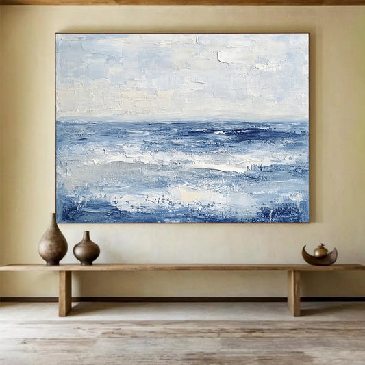 “Textured Blue Ocean” - Shades of blue, white; Abstract ocean waves; Impasto Oil Painting On Canvas HB1192
