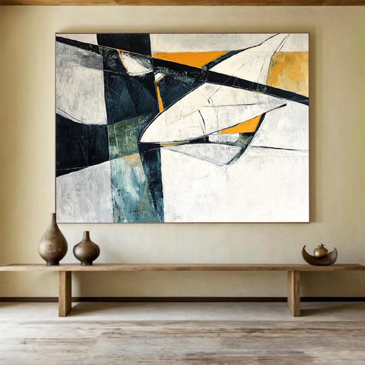 Black, White, Orange, and Teal Abstract - “Dynamic Angles” Painting On Canvas HB1453