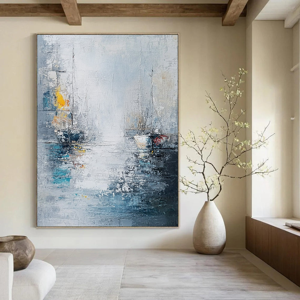 Contemporary abstract painting featuring sea and ships in a white gray blue palette with thick oil brush strokes. DLZ0636