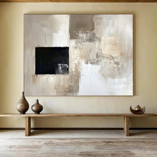 “Subtle Neutrals with a Bold Black Square” - Beige, gray, white, black; Abstract neutral blocks with a black square; Oil Painting On Canvas HB1227