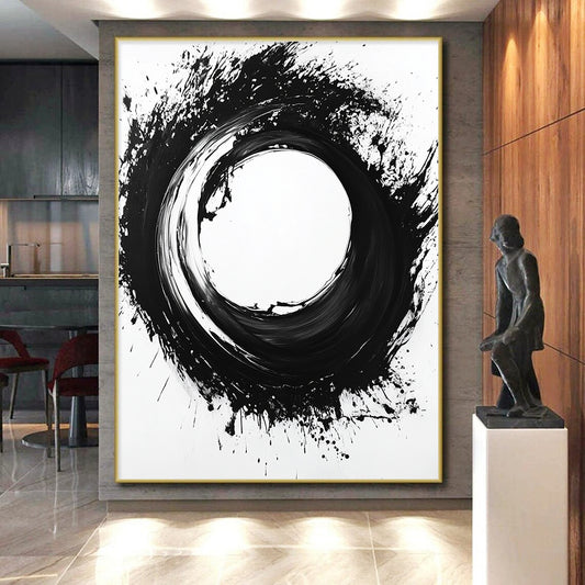 Black Circular Brushstroke on White - “Zen Enso Abstraction” Painting On Canvas HB215