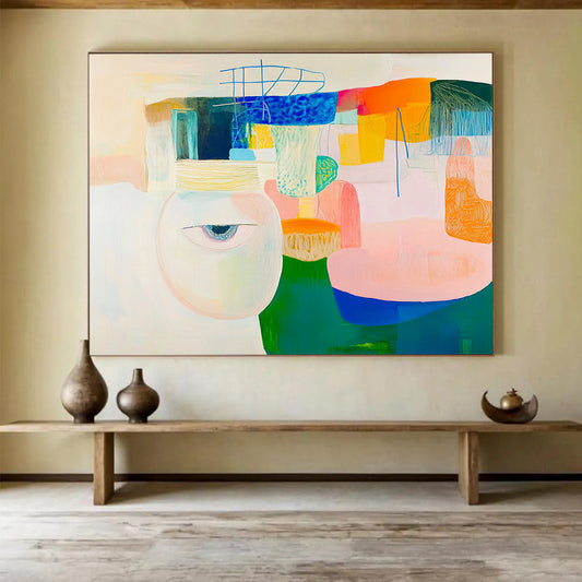 “Surreal Abstract with Eye” - Pastel colors, eye motif, Surrealist Abstract Painting HB0628