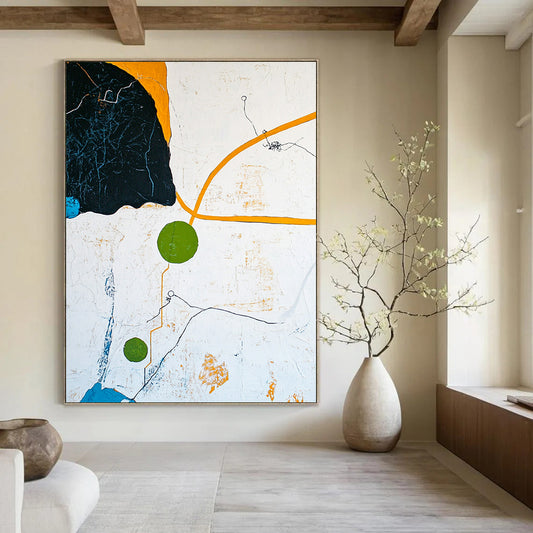 Contemporary hand-painted abstract artwork featuring an aerial landscape with blue sky yellow paths and green circle in a minimalist composition. DLZ0569