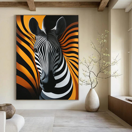 Contemporary abstract artwork featuring a striking zebra head with fluid lines on a vibrant orange background emphasizing elegant shapes and symmetry. DLZ1219