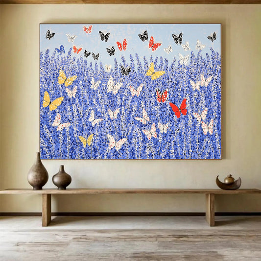 “Butterflies in Blue Field” - Blue, Yellow, Red, Nature Scene with Butterflies - Acrylic Painting HB1654