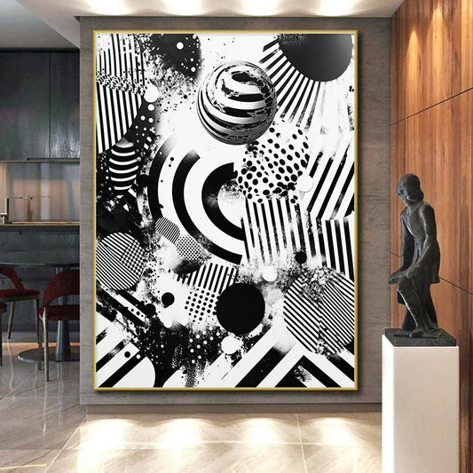 Black and White Mixed Shapes "Chaotic Unity" Painting On Canvas HB270