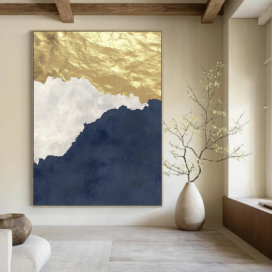 Contemporary abstract artwork features gold and navy tones on a white background with calming waves and dark grey gradient effects with golden foil accents. DLZ0268