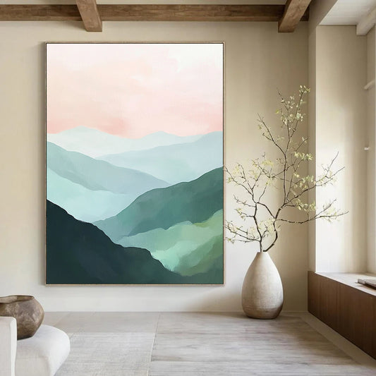 Contemporary abstract painting features green mountains and a soft pink sky creating a tranquil landscape with a harmonious color palette of mint green and pale blue. DLZ0394