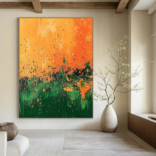 Contemporary abstract painting features vibrant orange and green landscape with splashes of gold and dynamic brush strokes under a surreal light. DLZ0498