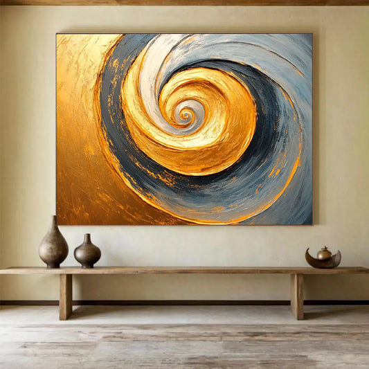 “Golden Spiral Abstract” - Gold, Gray, Spiral Abstract Oil Painting On Canvas HB0723
