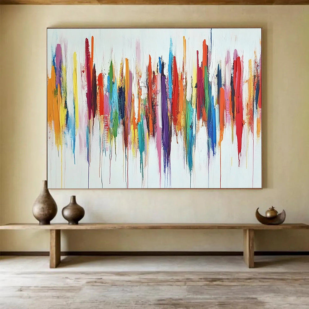 “Color Cascade” - Rainbow - like reds, oranges, yellows, greens, blues, purples; Vertical, dripping color strokes; Abstract Expressionist Painting On Canvas HB1153