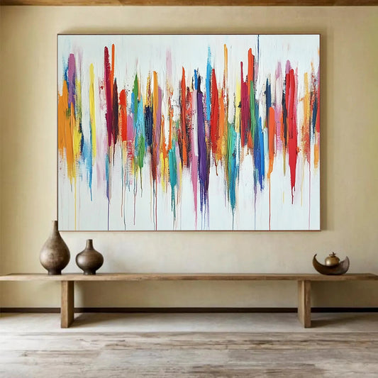 “Color Cascade” - Rainbow - like reds, oranges, yellows, greens, blues, purples; Vertical, dripping color strokes; Abstract Expressionist Painting On Canvas HB1153