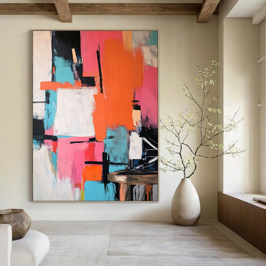 Contemporary abstract artwork featuring vibrant pink orange teal with bold black strokes large color blocks and dynamic shapes on a textured canvas. DLZ0903