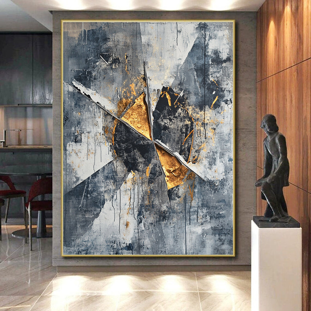 Gray, Black, White and Gold Abstract Shards "Elegant Ruins" Painting On Canvas HB362