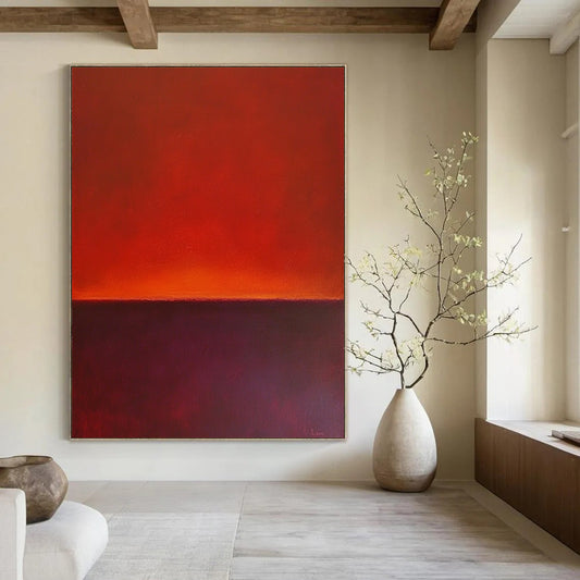 Contemporary hand-painted abstract art featuring a horizon line with rich red and purple hues against a solid background. DLZ1385