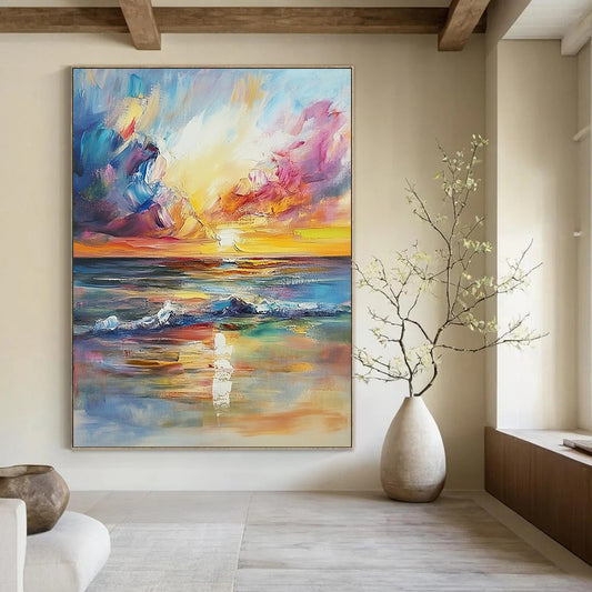 Contemporary hand-painted abstract artwork with impressionist style depicting a dreamy sunset over the sea, perfect for enhancing living room aesthetics. DLZ1125