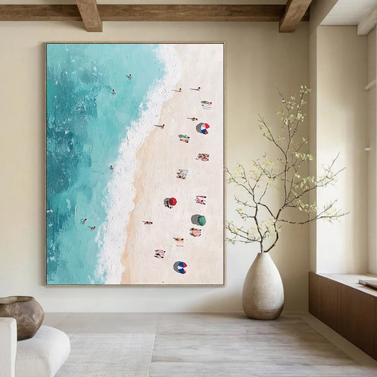 Contemporary abstract painting featuring an aerial beach view with vibrant figures soft brush strokes and pastel tones inspired by Jean-Michel Basquiat. DLZ1402