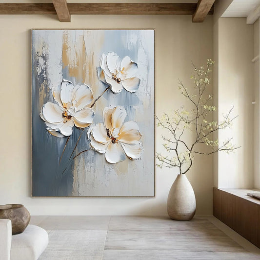 Contemporary hand-painted abstract artwork featuring elegant white flowers on a soft gray background, showcasing neutral tones for a sophisticated ambiance. DLZ0822