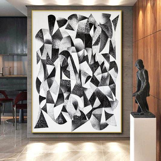 Black and White Geometric Abstraction "Monochrome Geometry" Painting On Canvas HB390