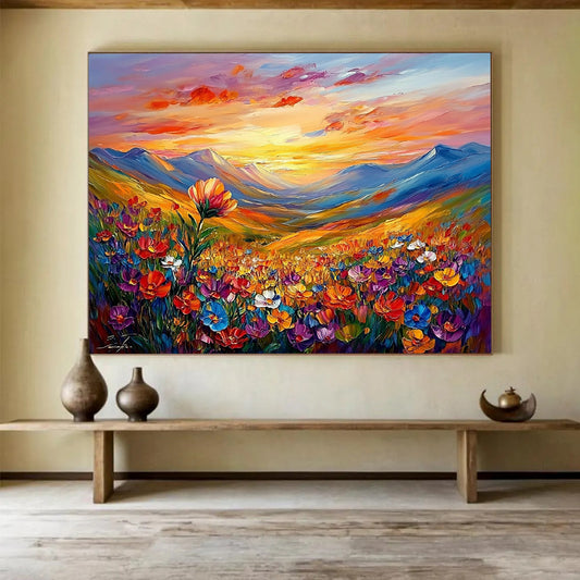 “Sunset Mountain Flower View” - Colorful, Mountains, Flowers, Sunset Painting On Canvas HB0748